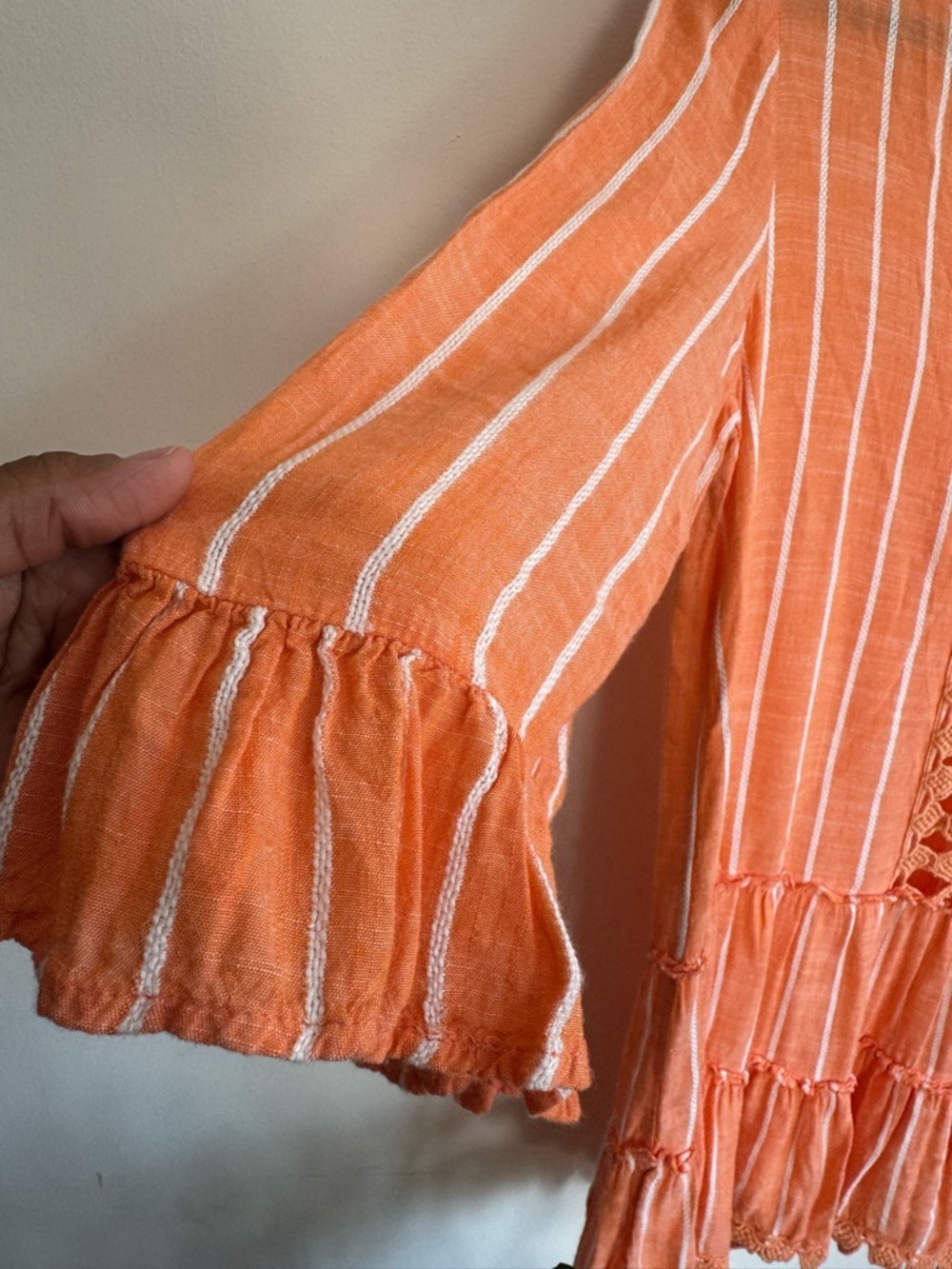 Blue Island Orange Boho Blouse Striped Crochet Lace Peplum Top Size M - Picture 8 of 10